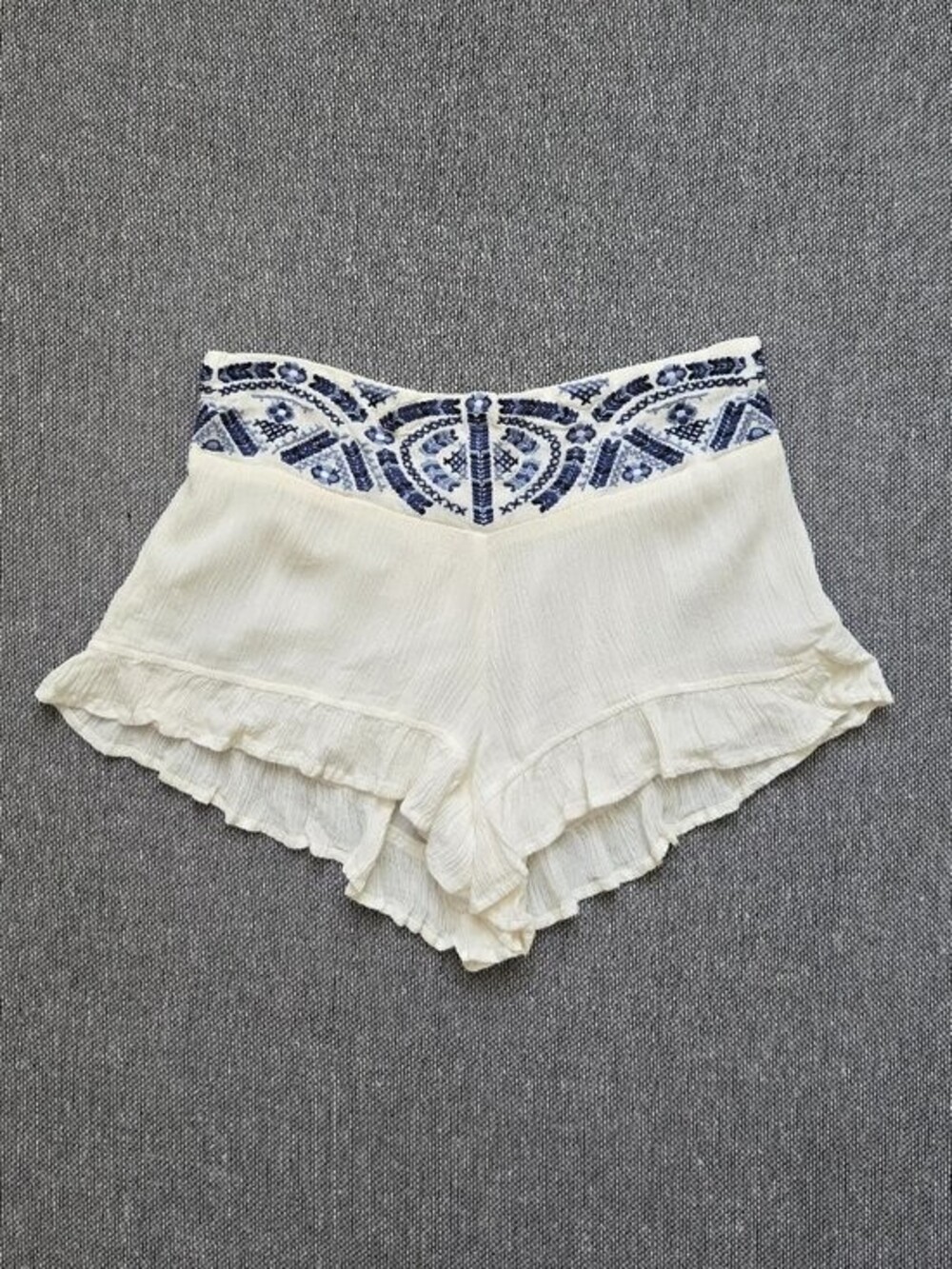 White Blue Ruffle Embroidered Short Shorts